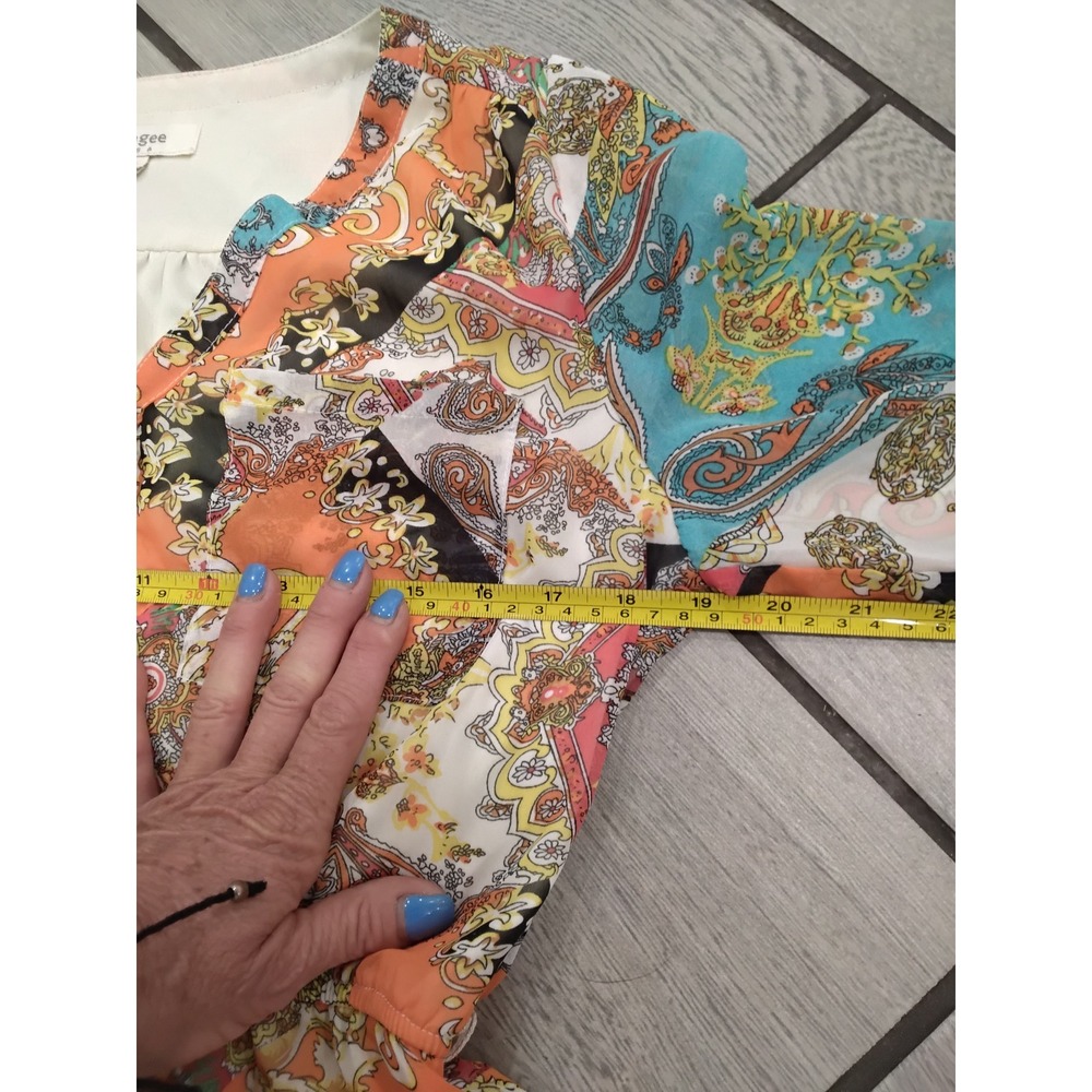Umgee USA Women Paisley Scarf Print V-Neck Dress Orange Teal Boho 3/4 Sleeve M - Picture 7 of 8